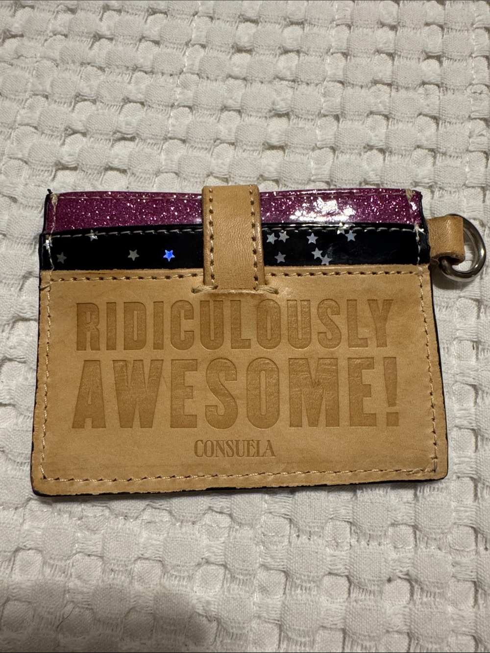 Consuela Tan Card Holder with Plum Glitter Trim